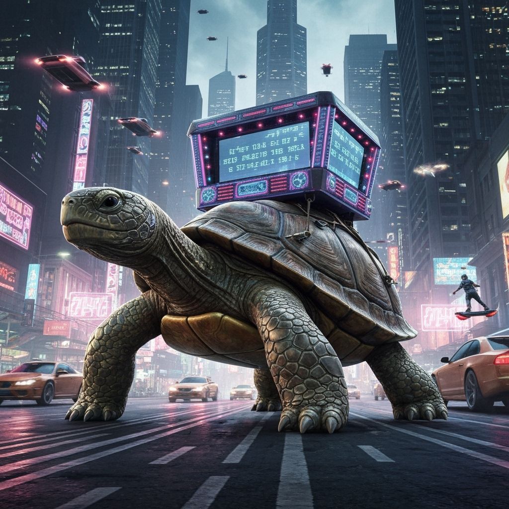 Cybernetic Turtle Karaoke Stage in Retro Anime Style