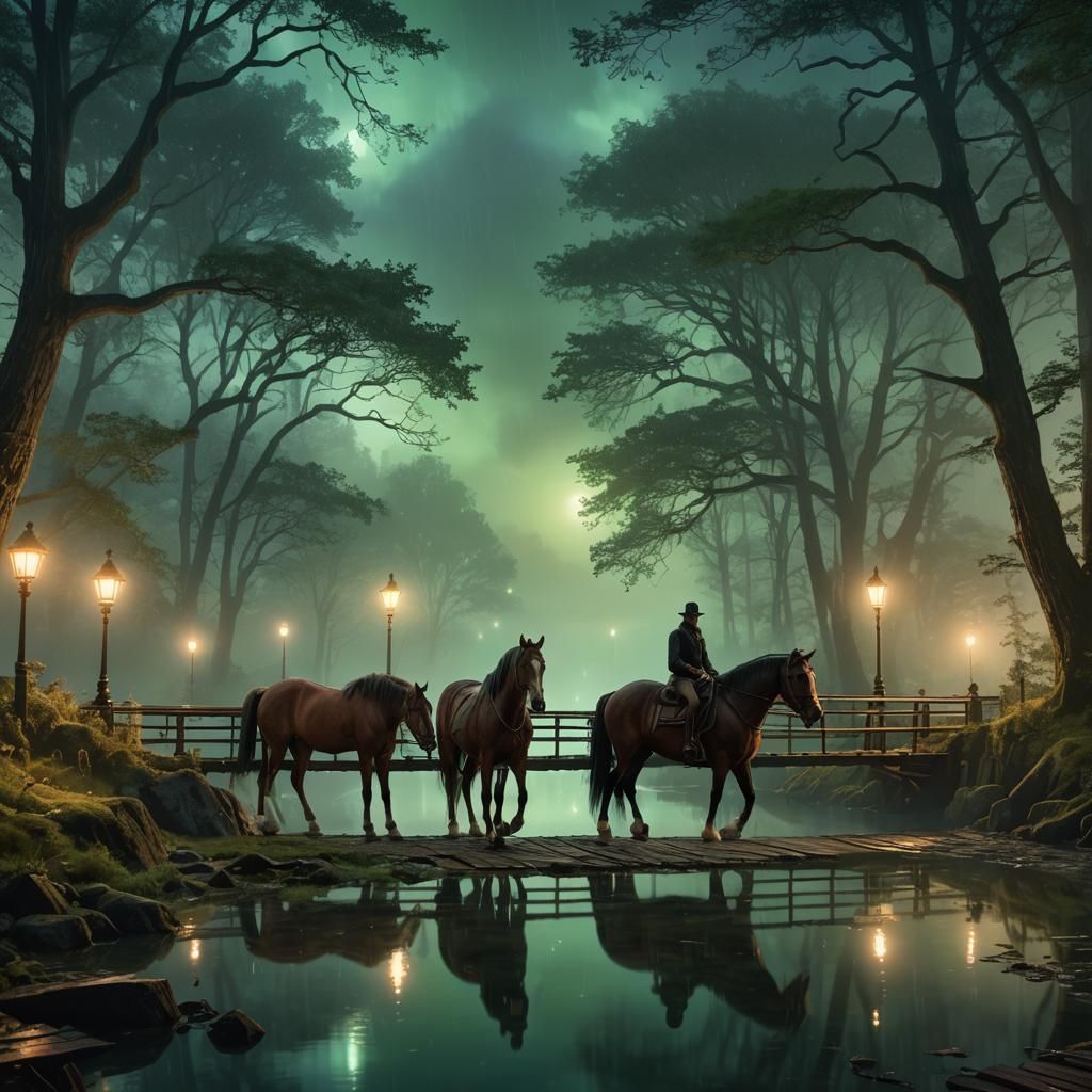 Horses on Misty Bridge in Mystical Green Forest