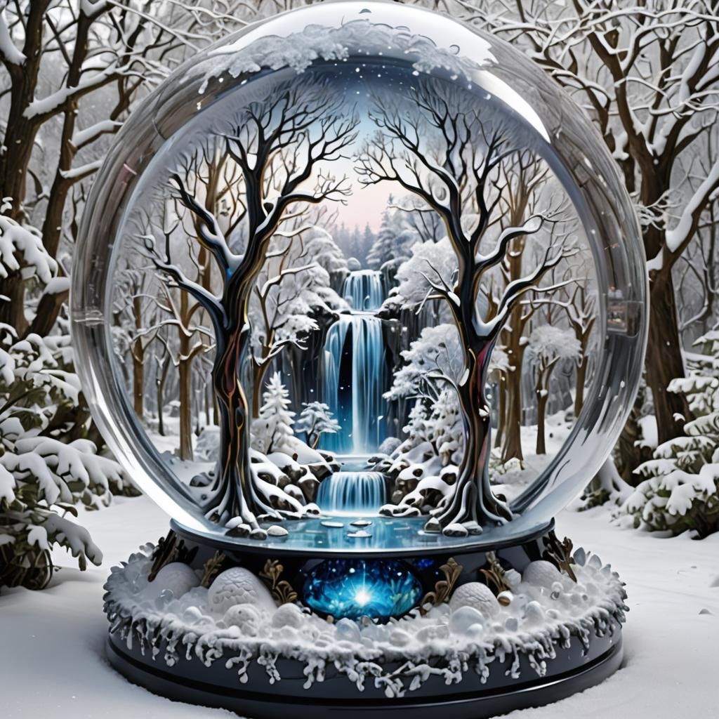 Crystal Waterfall Dreamscape in Glass Snow Globe