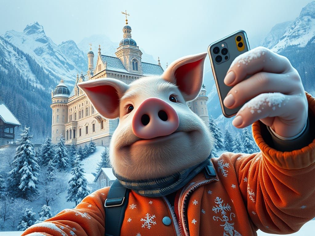 Pig-Man Selfie at Snowy Neuschwanstein in Retro AI Style