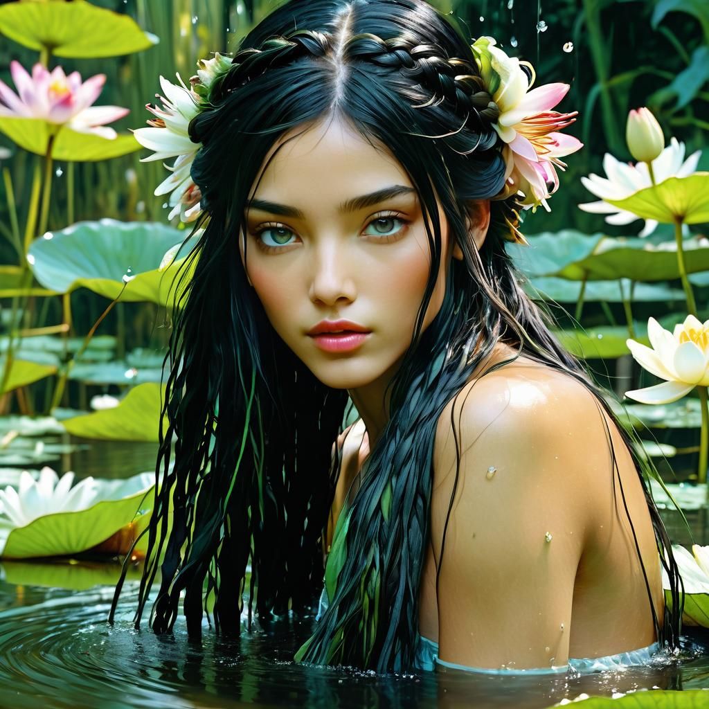 Botticelli Woman with Water Lilies in Anime Style