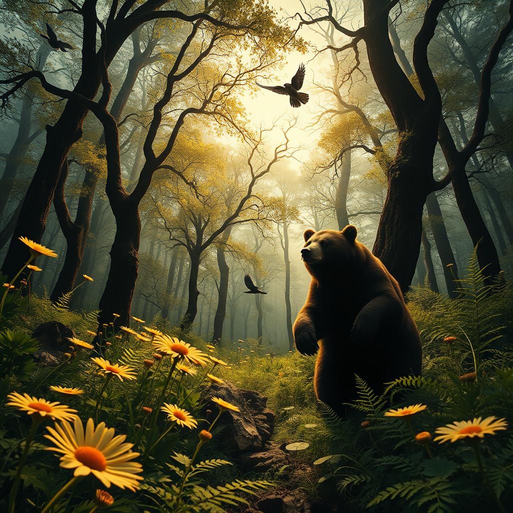 Mystical Gothic Forest with Flying Bears