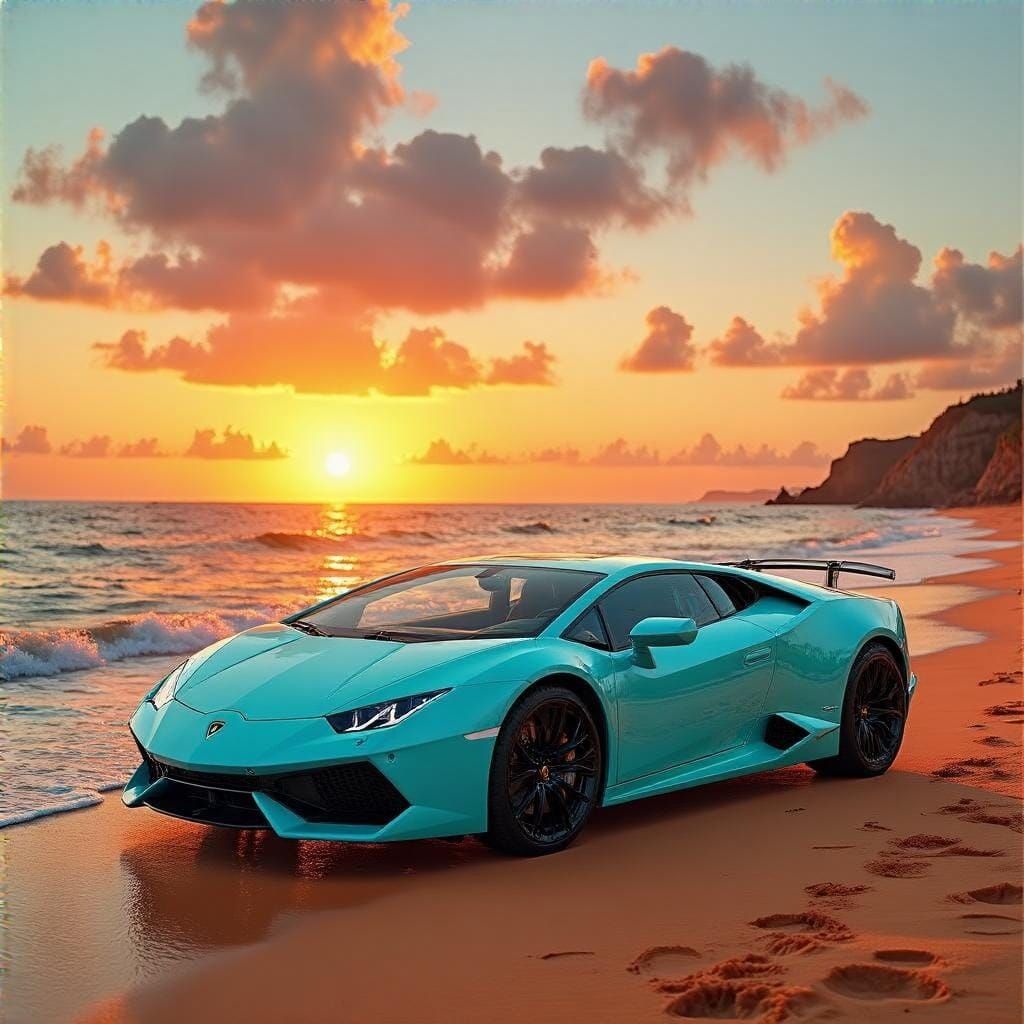Turquoise Lamborghini on Orange Sunset Beach