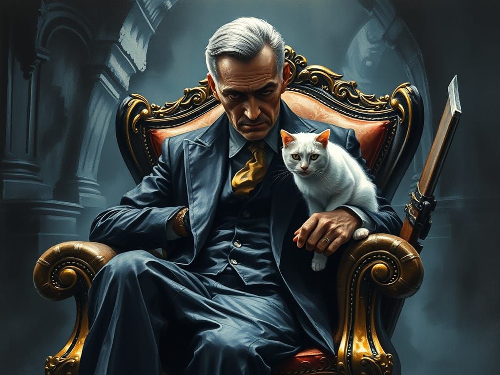 Shadowy Mastermind in Dark Lair as Gouache Painting