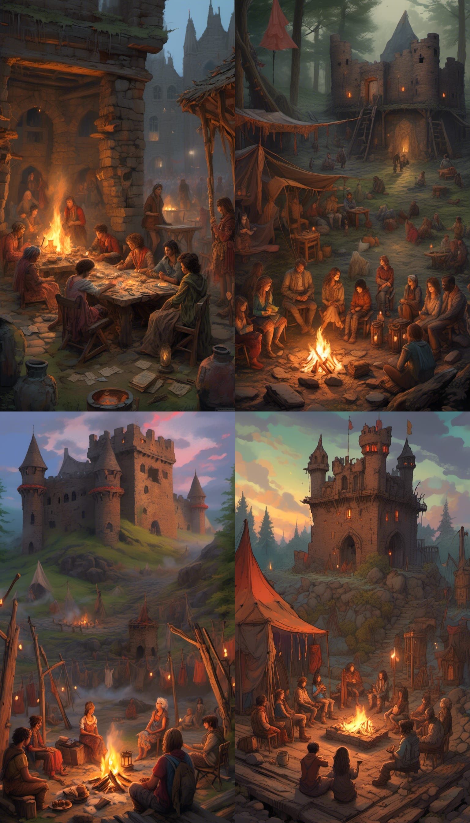 <lora:FreeRain:1.0> A dim campfire illuminates the desocrated remains of a great Castle, Turret towers crumbled into the...