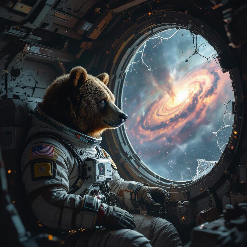 Brown Bear Astronaut in Cosmic Nebula