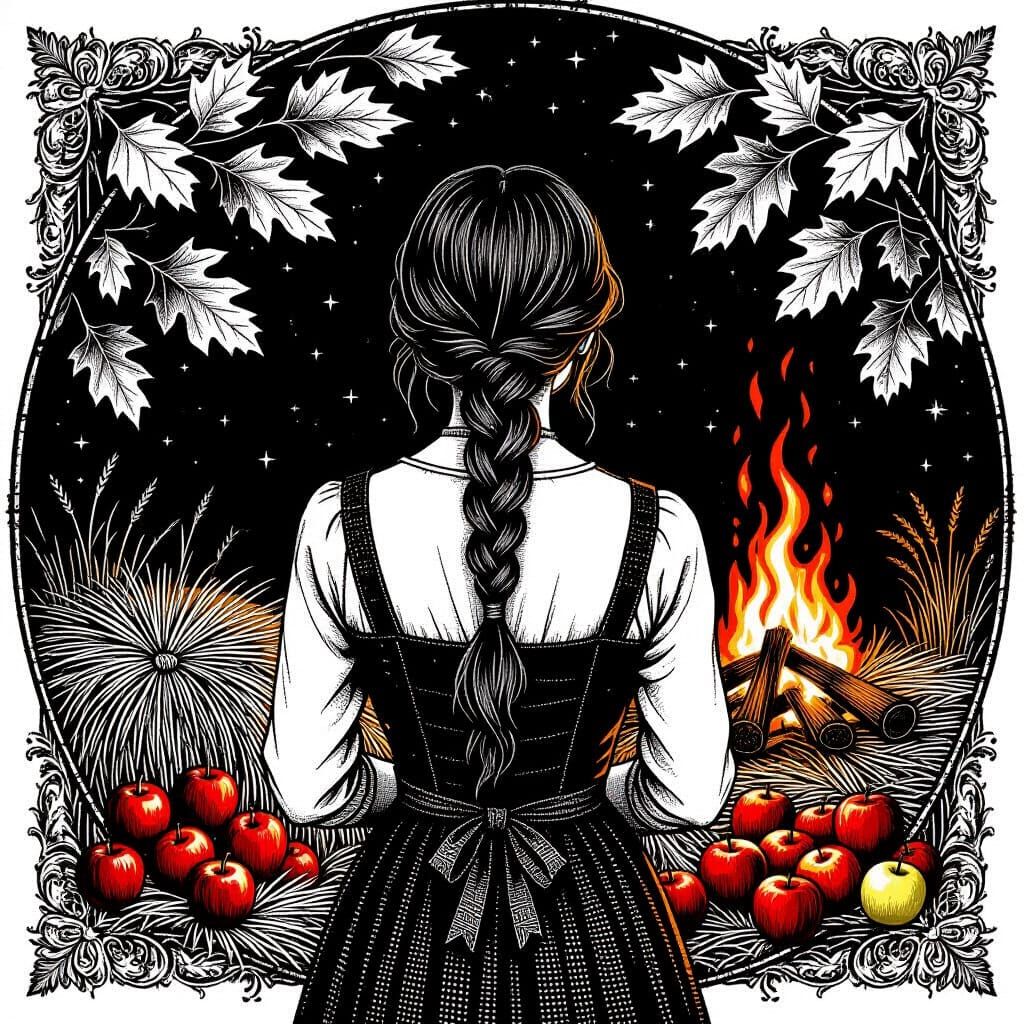 Autumnal Woman in Detailed Black and White Drawing