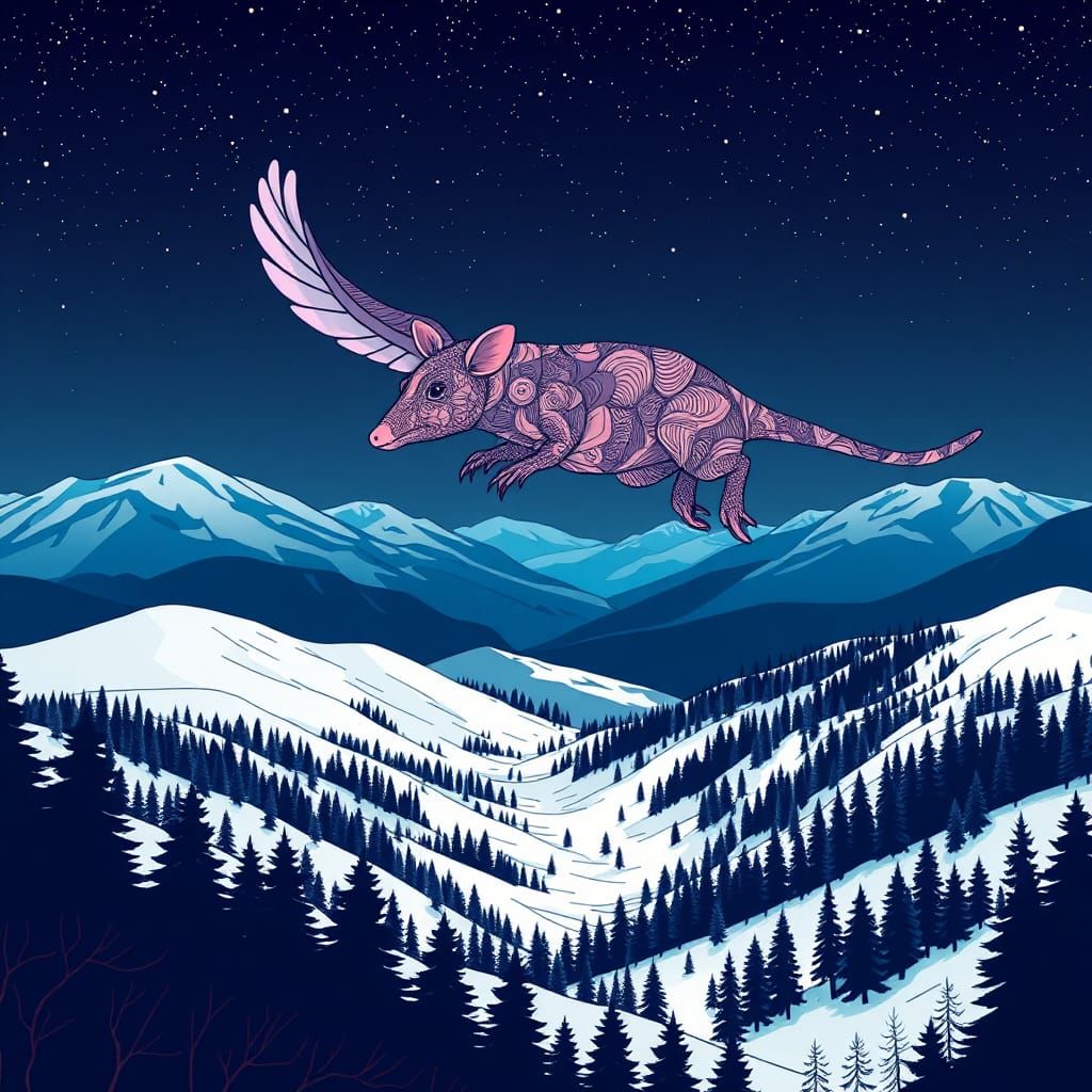 Flying Platypus Over Winter Forest in Vector Art Style