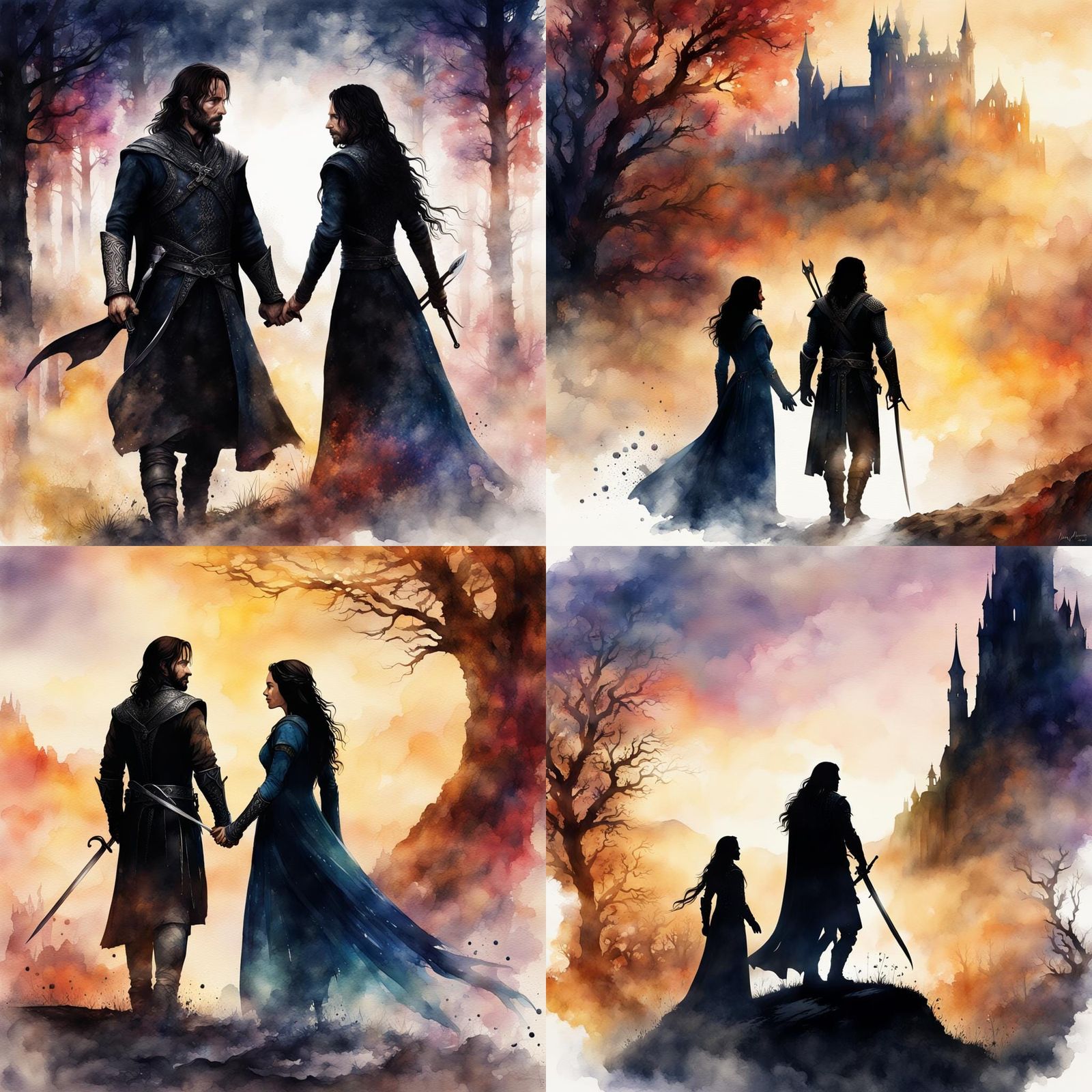 Aragorn and Arwen Watercolor Silhouette Art