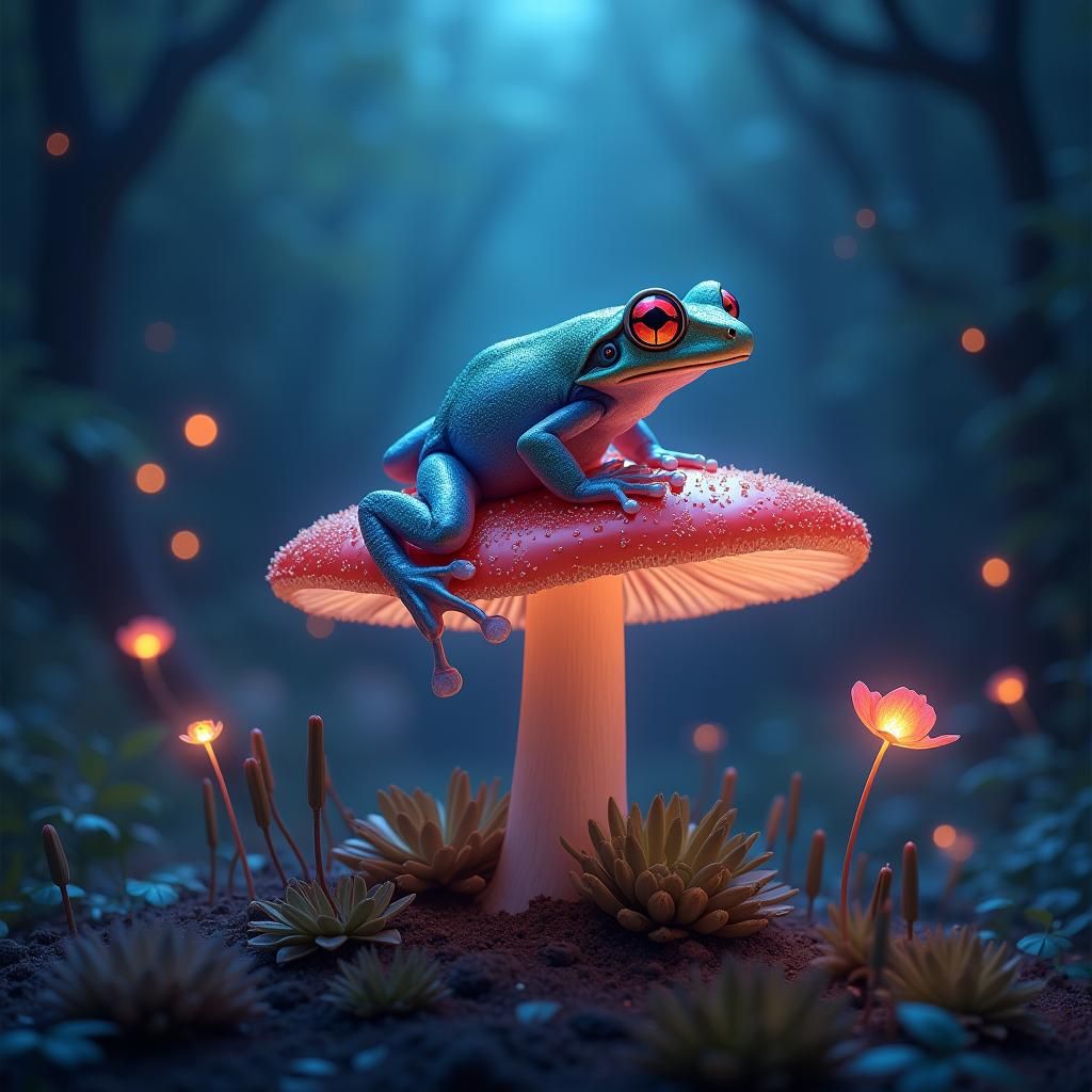 Glass Frog on Moonlit Mushroom in Dreamlike Realism