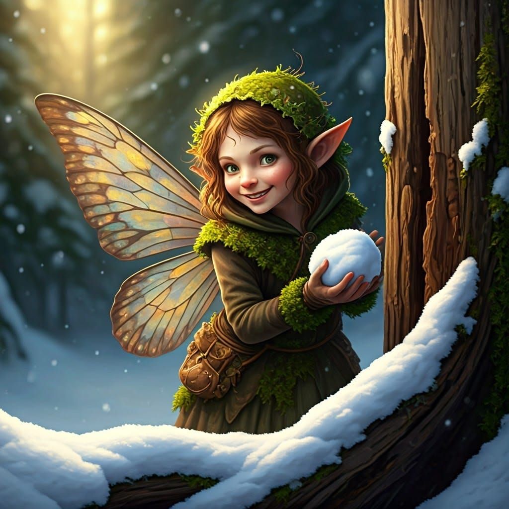 Whimsical Fairy Hides Behind Snowy Tree, Ready to Launch Sno...