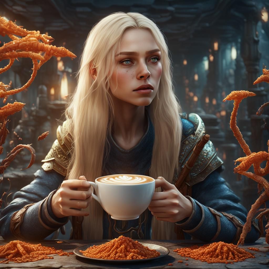 Blonde Woman Drinking Latte: Detailed Matte Painting