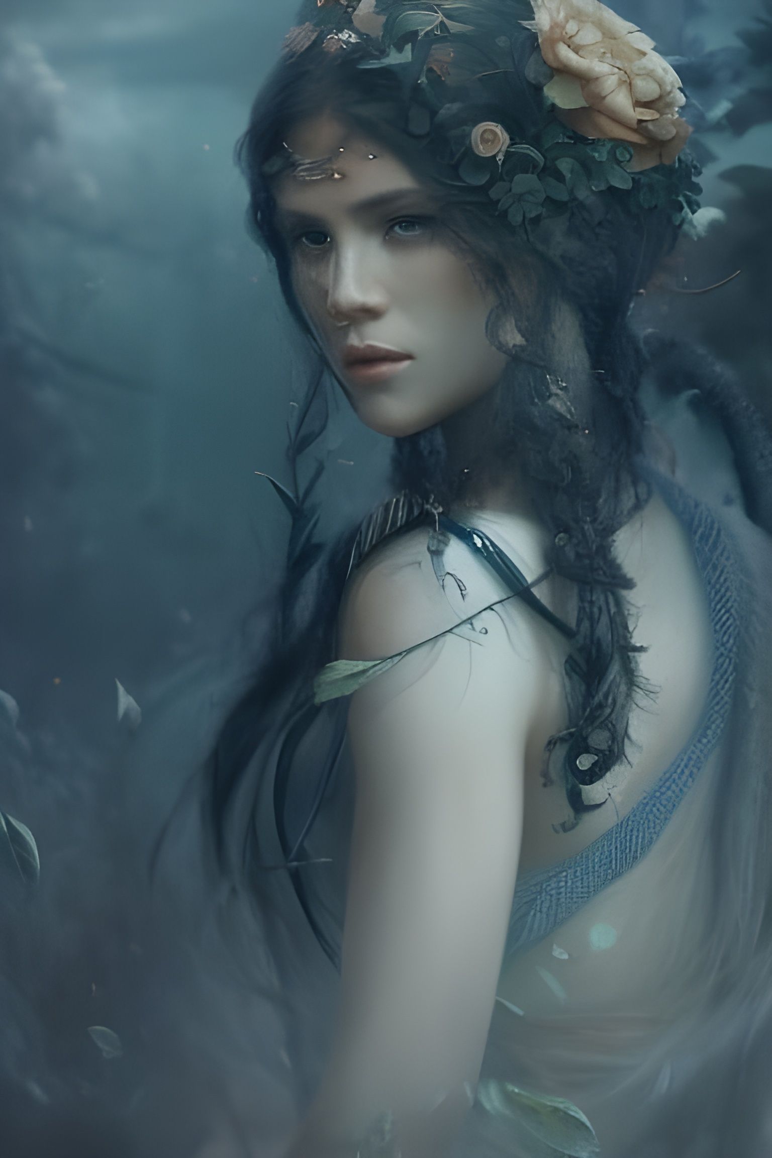 Greek Woman in Floral Embrace: Detailed Fantasy Portrait