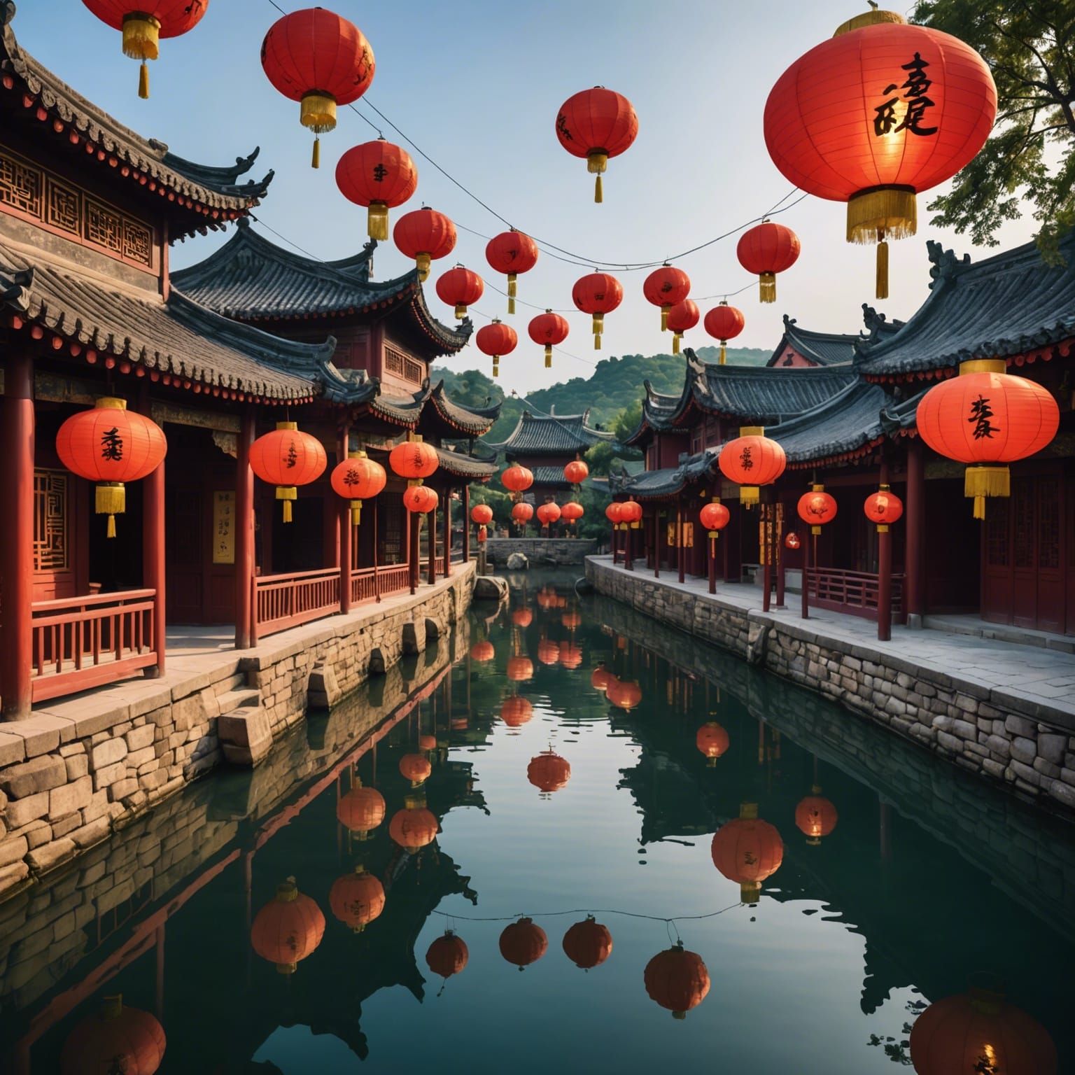 Chinese Lanterns Over River in Ancient Village