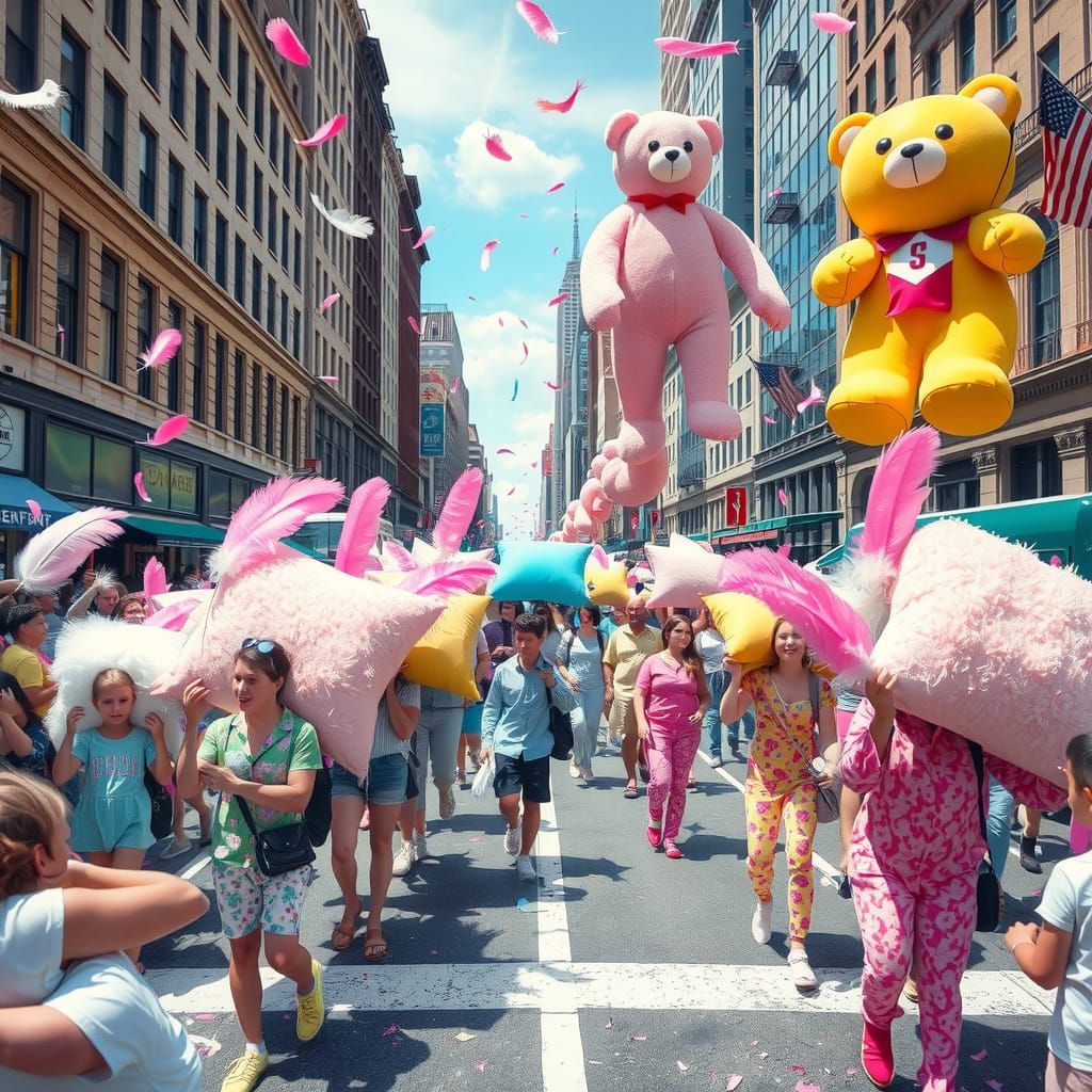 Surreal Pillow Fight Day Parade in Pastel Colors