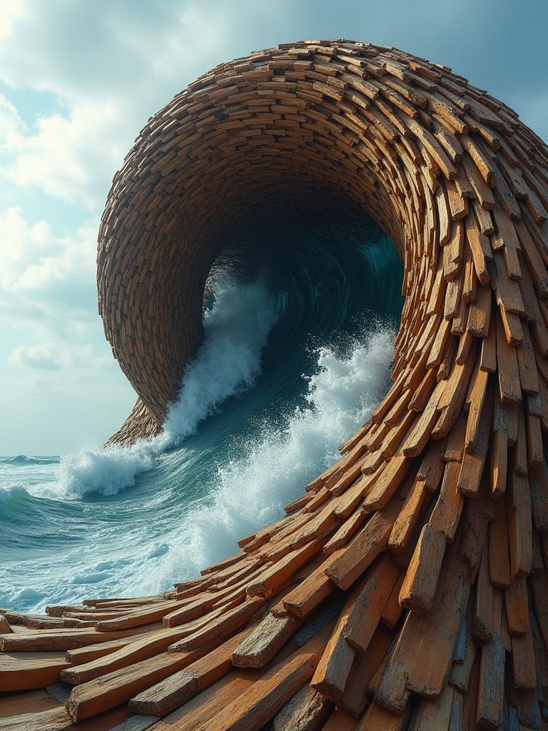 Wooden Wave Sculpture in Stylized Realism