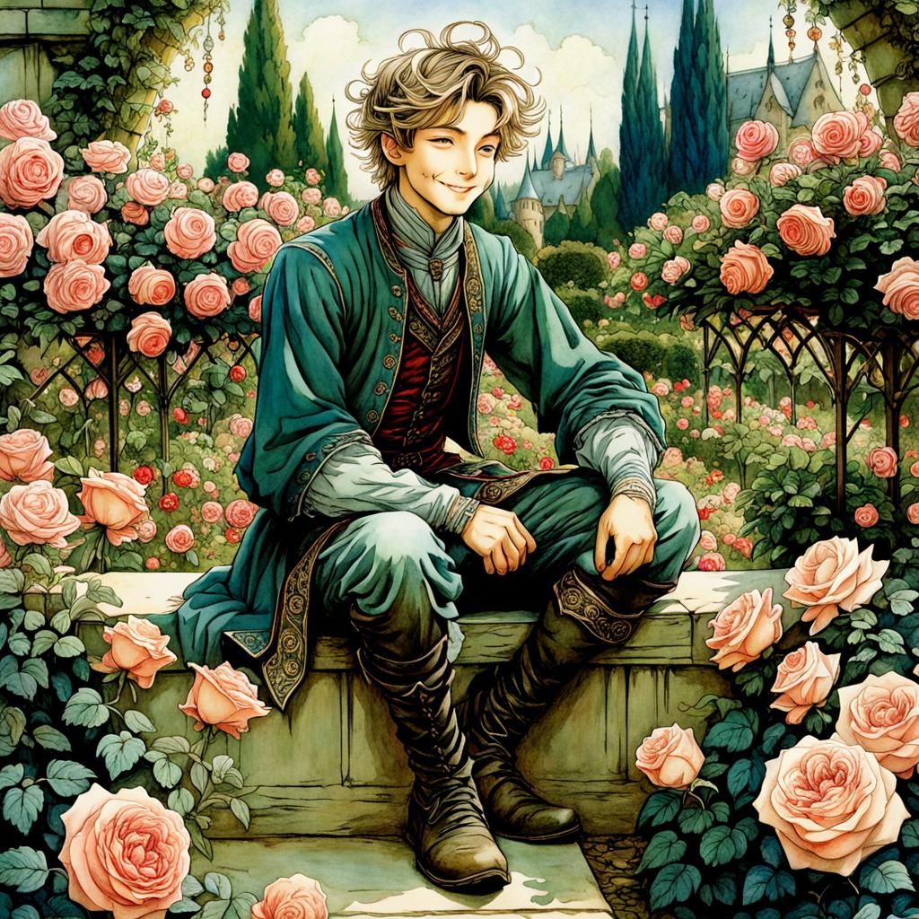 Smiling Boy in Rose Garden, Anime Style