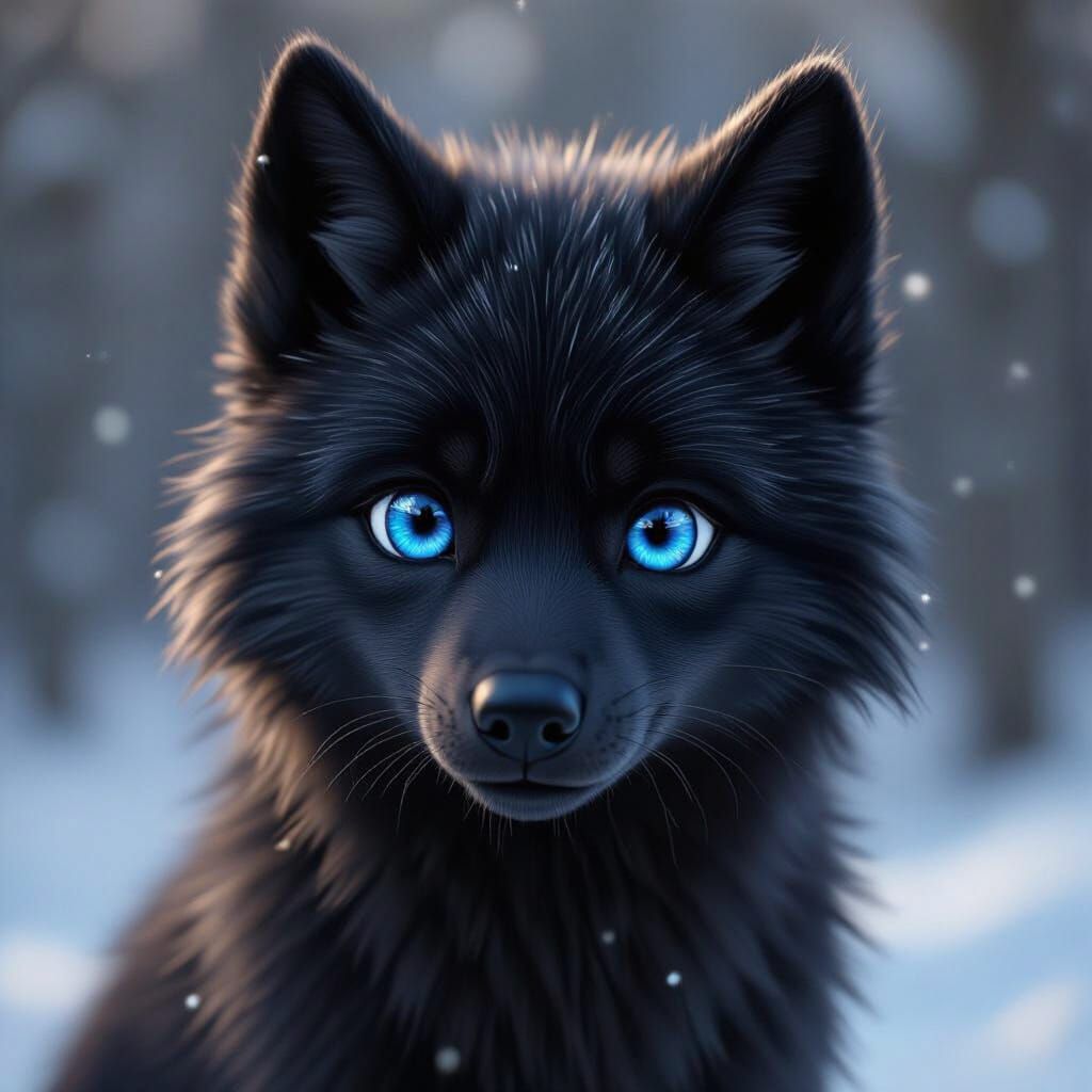 Mega Cute Black Wolf With Blue Eyes Photorealistic