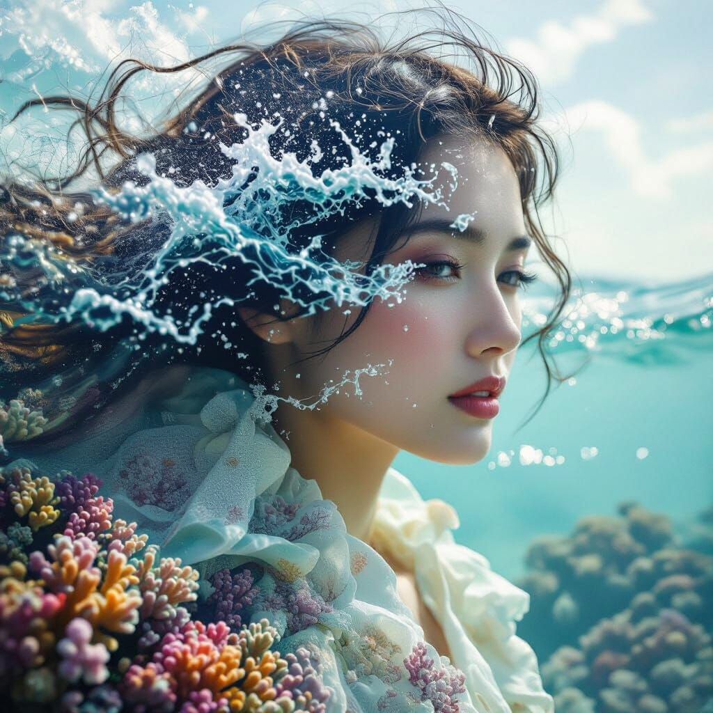 Ocean Wave Hair: Surreal Portrait in Double Exposure Style