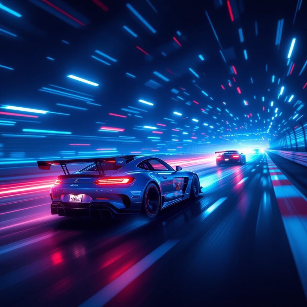 Car Speeding on Highway with Double Exposure, in Neon Futuri...
