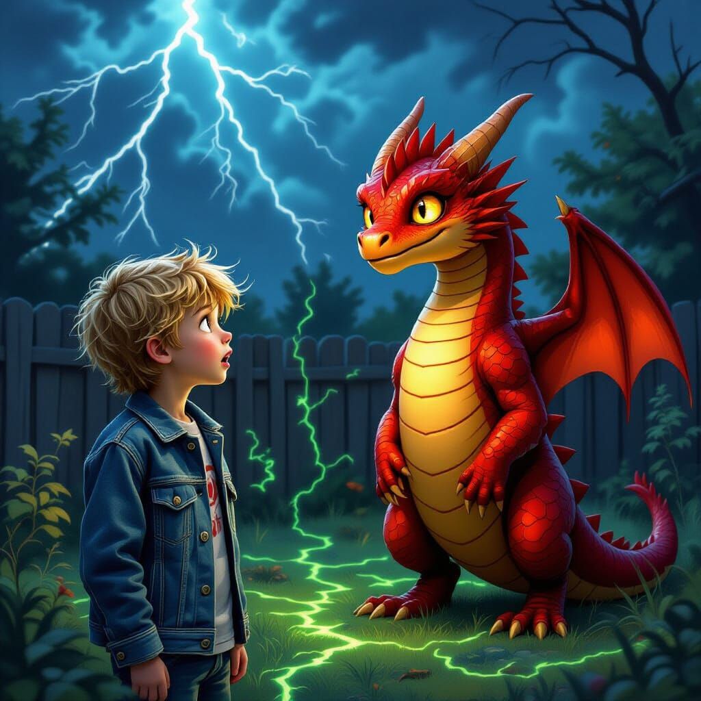 Red Dragon in Mystical Backyard, Digital Painting