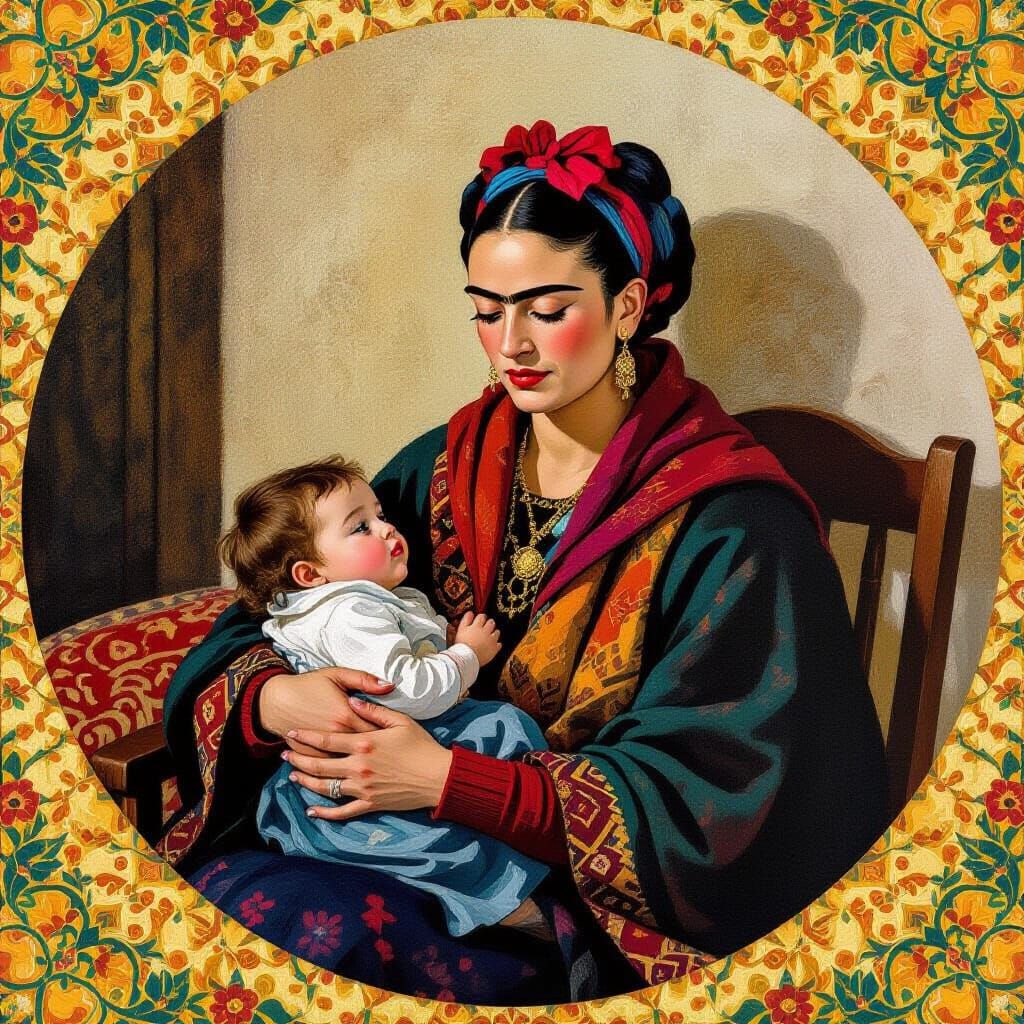 Vibrant Protective Mother in the Style of Famous Artists