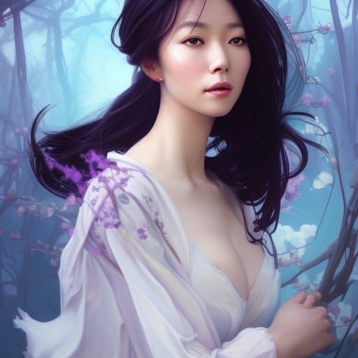 Chinese Woman Portrait with Purple Blossoms, Detailed Art