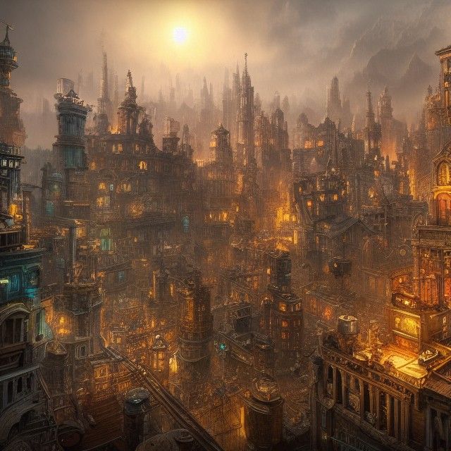 Fantastical Steampunk Miniature City Matte Painting
