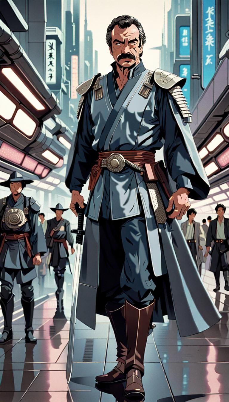Tom Selleck as Confused Samurai in Anime-Style City