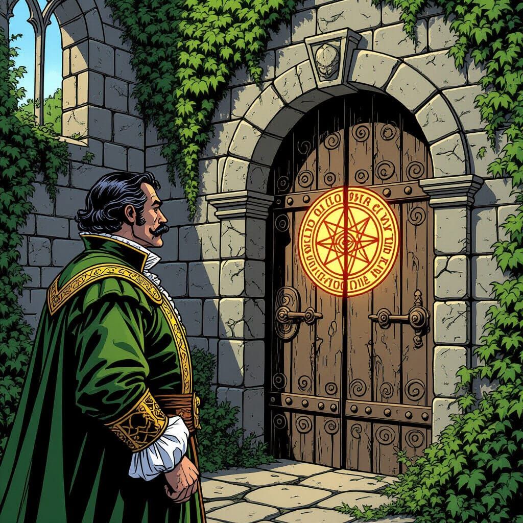 Renaissance Gentleman and Alchemical Door in Ruins