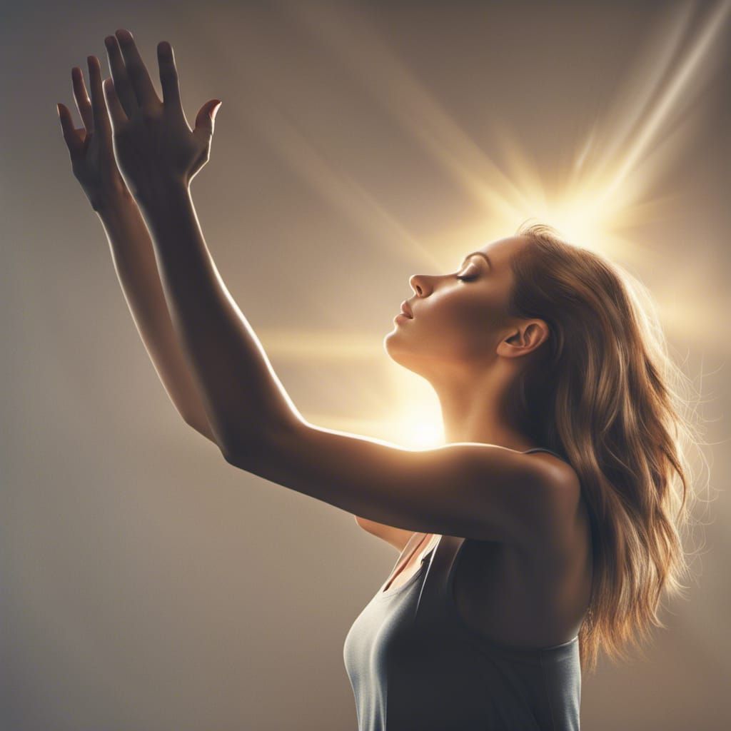 Illuminated Woman Reaching for a Shining Cross