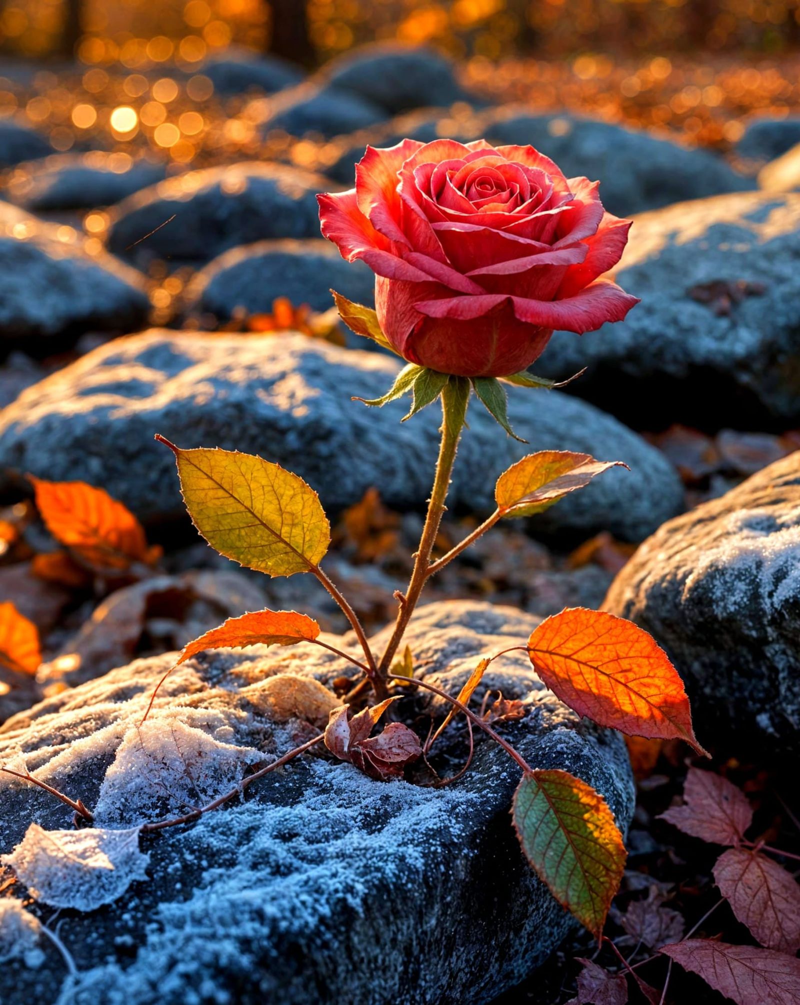 Sunrise Frost on Autumn Rose in Leaf Litter