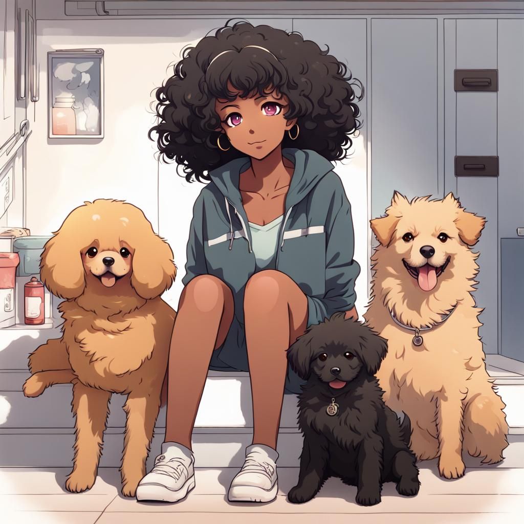 Black Girl with Pomeranian and Labradoodle in Anime Style