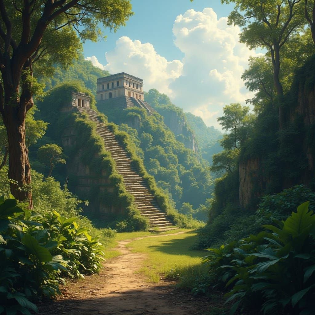 Ancient Mayan Ruins in Sunlit Jungle