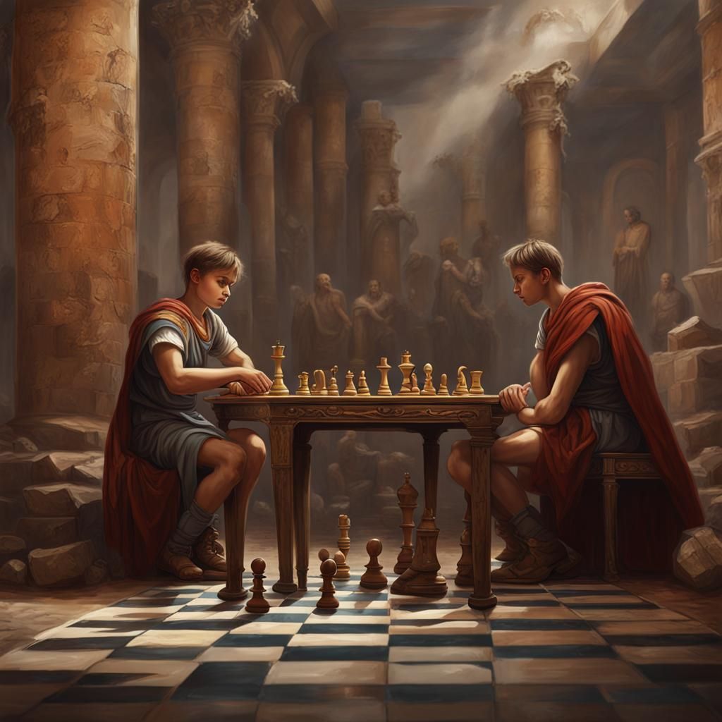 Boys Play Chess in Ancient Rome, Fresco Art