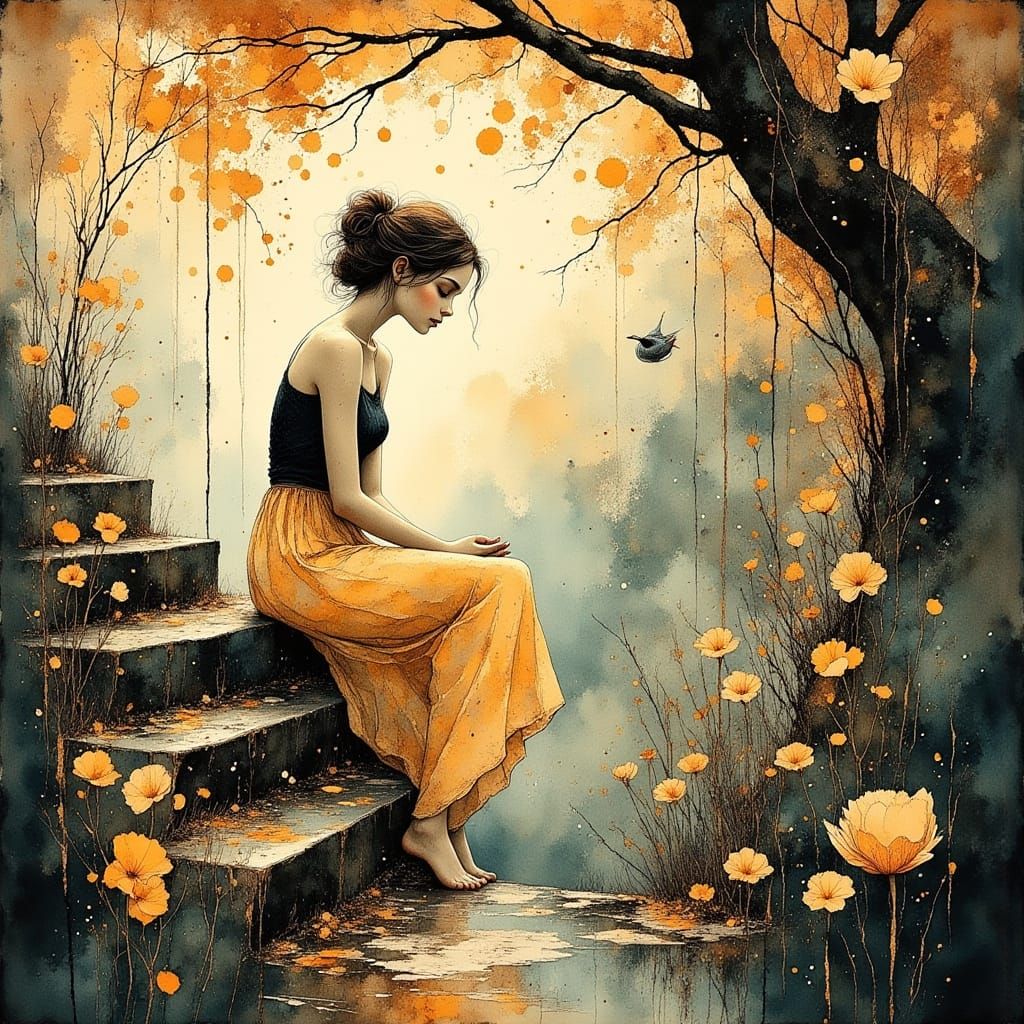 Serene Young Woman in Lush Vegetation, Epic Impressionist Ma...