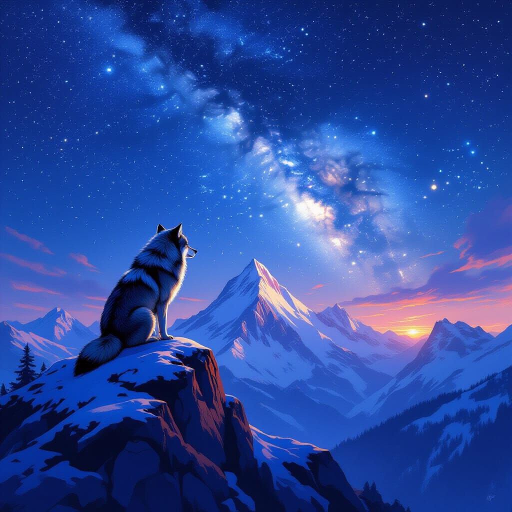Lone Wolf on Mountain Peak Under Starry Night Sky