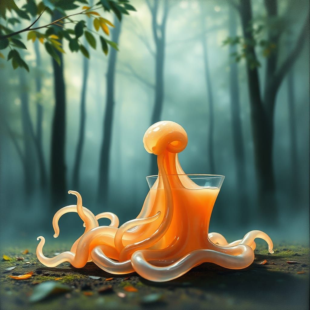 Translucent Gelatinous Mass in Misty Forest, Maximalist Art