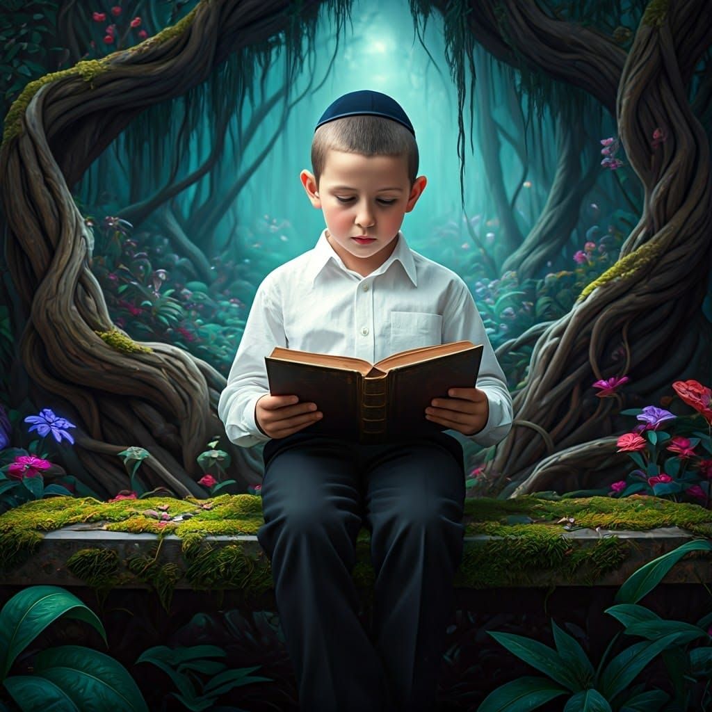 Boy Reading in Magical Garden, Dreamlike Concept Art