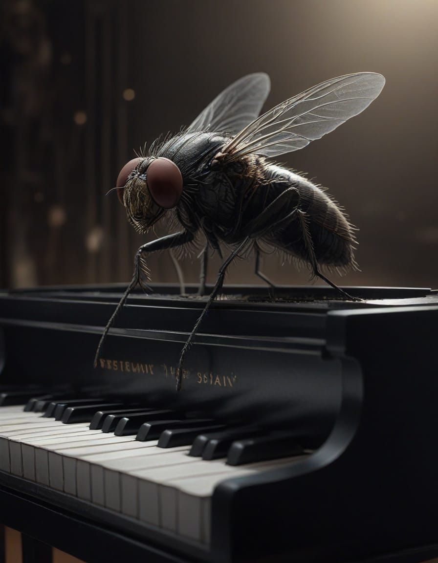 Fly Plays Piano in Dark Room, Detailed Digital Art