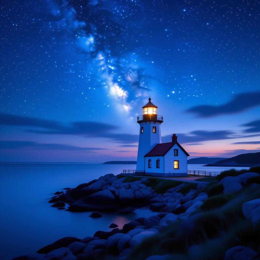 Quaint Lighthouse on Remote Island Under Starlit Sky