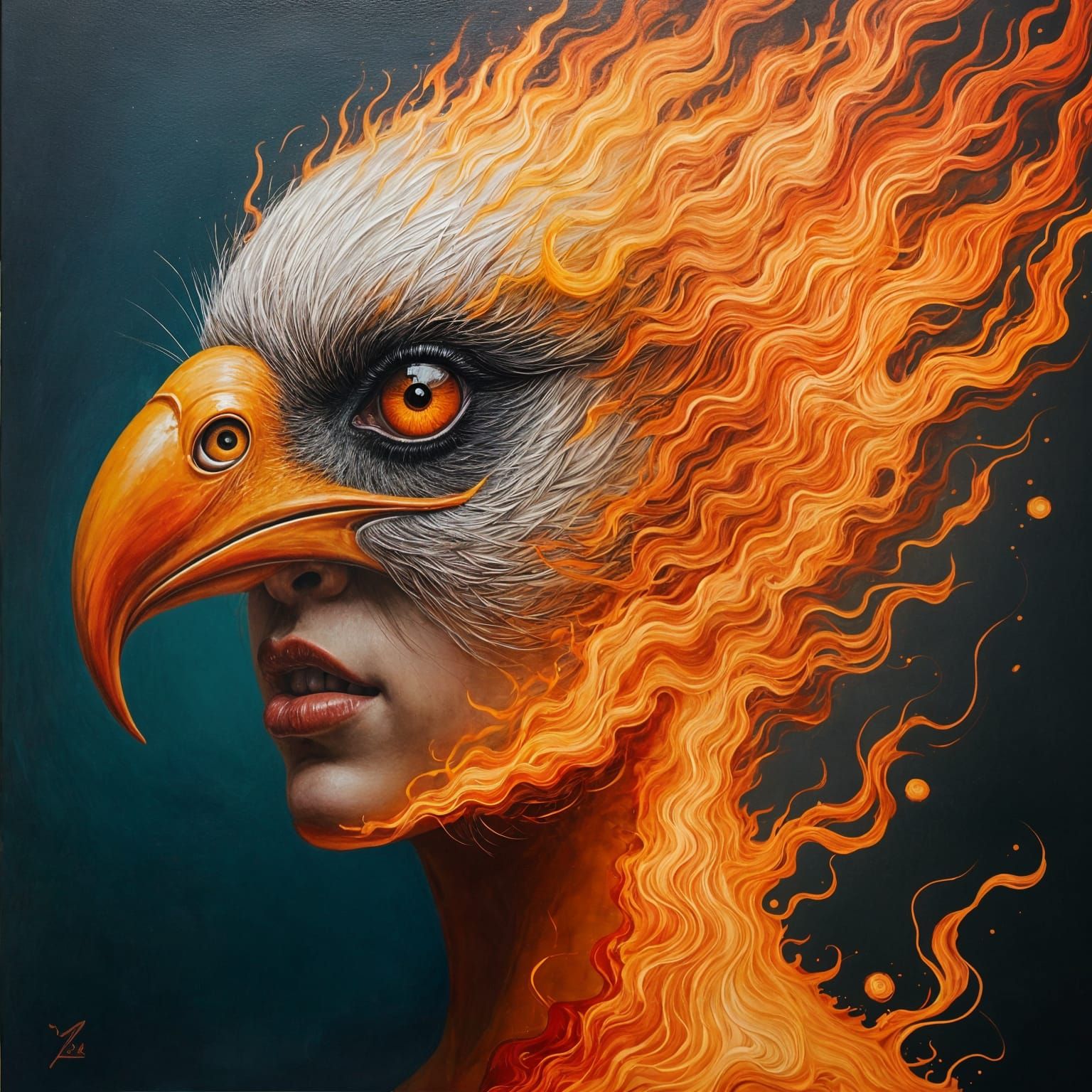 Fiery Bird Abstract Painting Inspired by Thangka Art