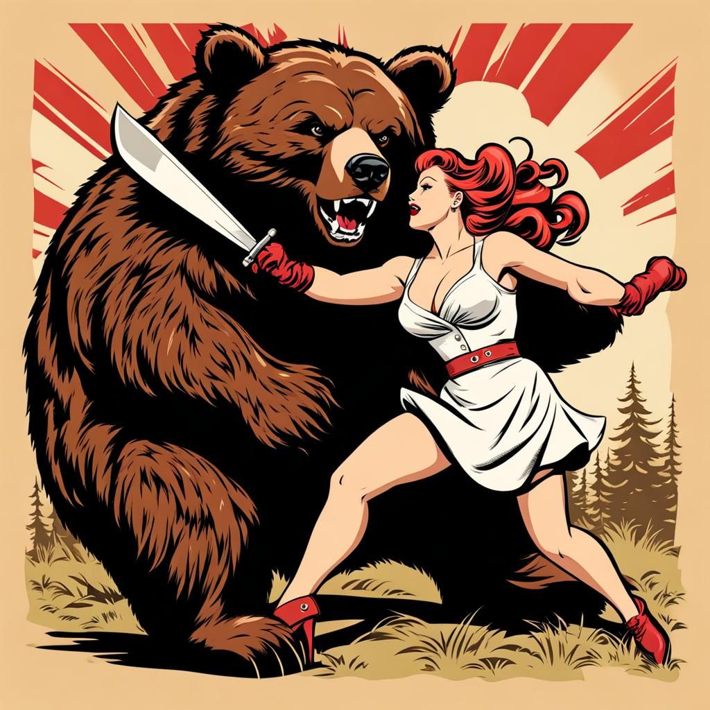 Pin-Up Girl Wrestling a Bear in Vintage Style