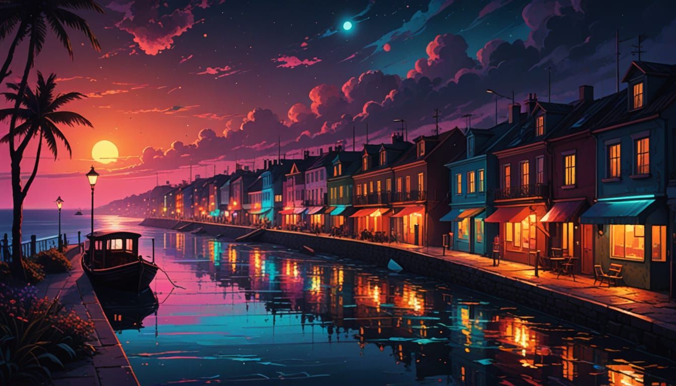 Mysterious Seaside Boulevard at Night in Vibrant Oil Paintin...