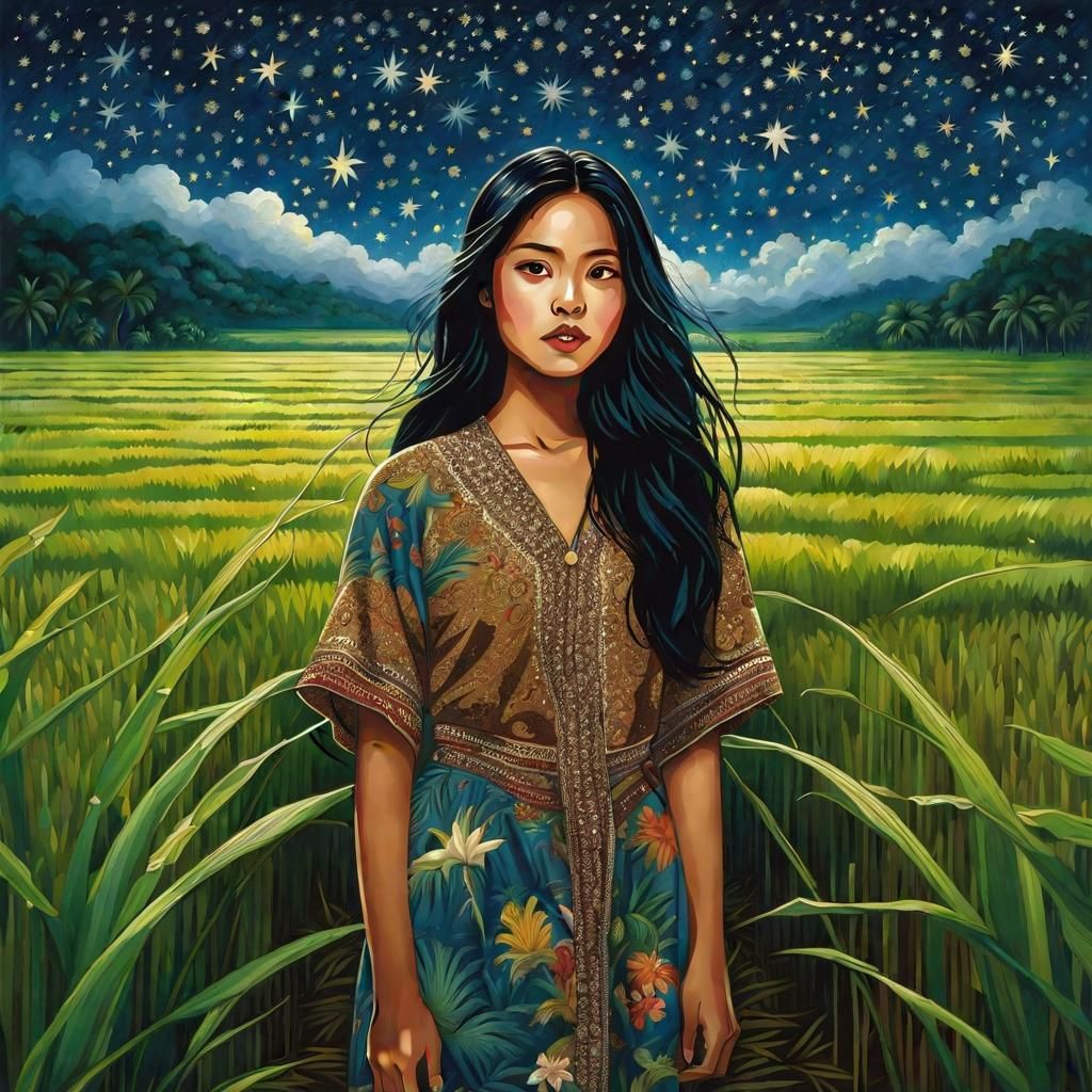 Indonesian Woman in Starry Rice Field
