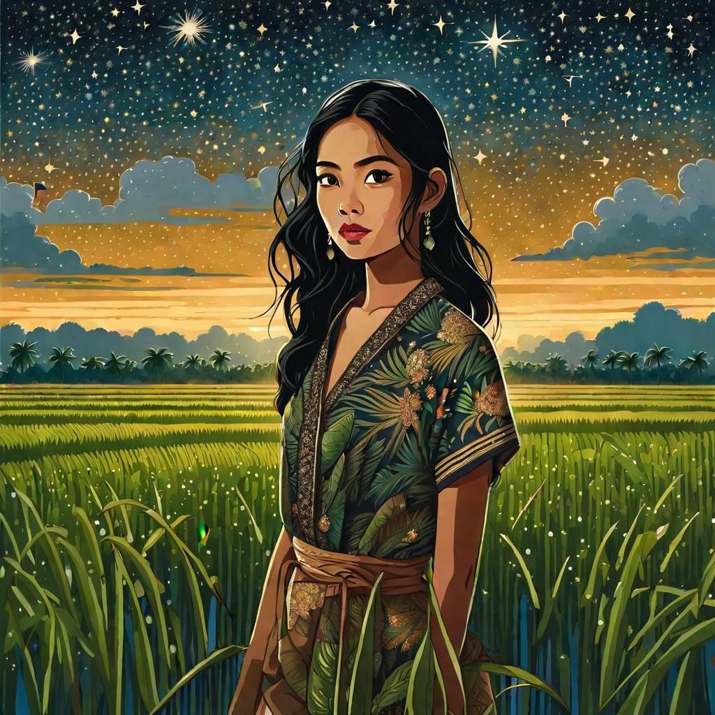 Indonesian Woman in Rice Field at Night