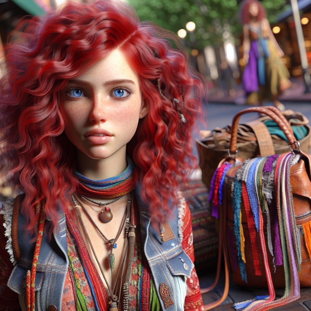 Boho Girl in 3D Pixar Style with Colorful Patchwork Outfit