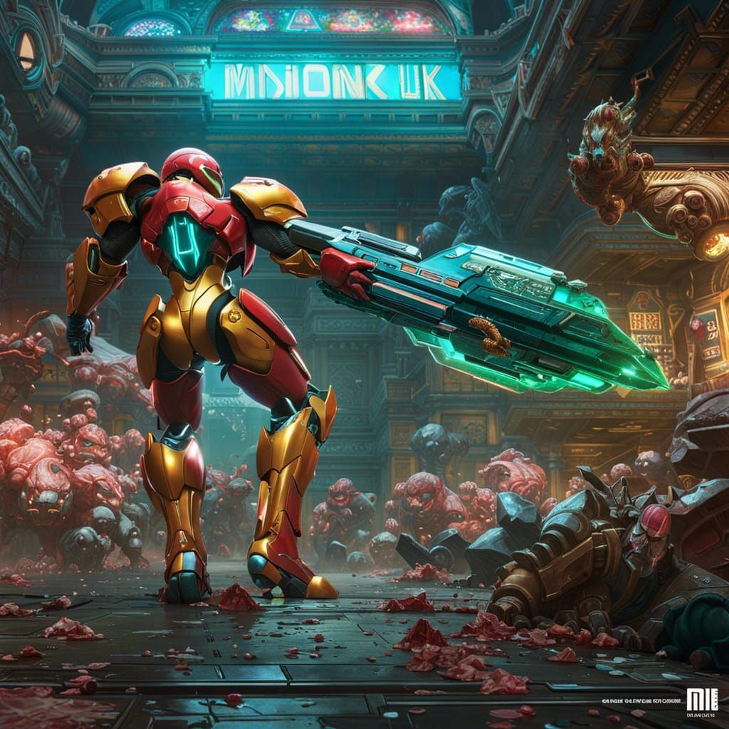 Samus Aran fighting Metroid