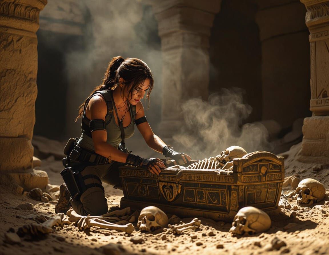 Lara Croft Unearths Sarcophagus in Ancient Temple