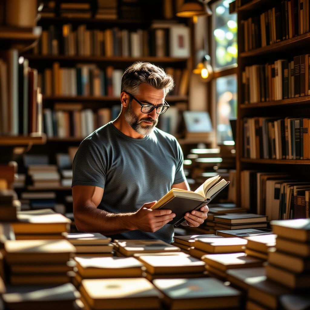Attractive Man Browses Books in Sunlit Bookshop
